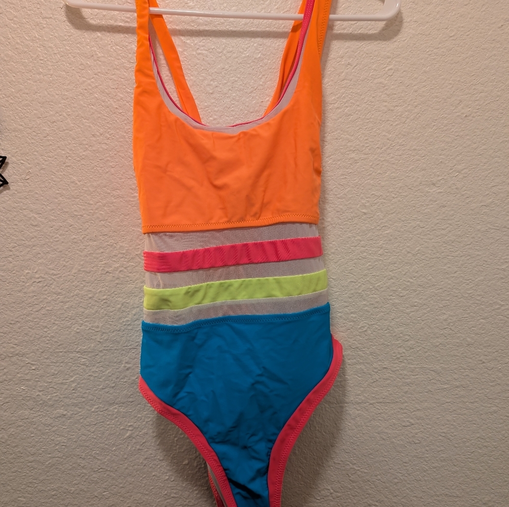 Popvil Color Block Mesh Back Self Tie One Piece Swimsuit
